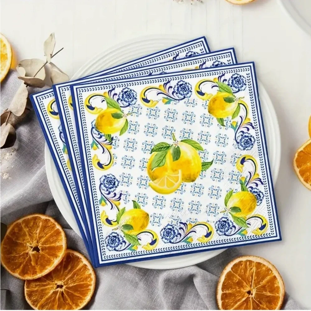 Blue and Yellow Capri Lemon Party Luncheon Paper Napkins, 20 ct
